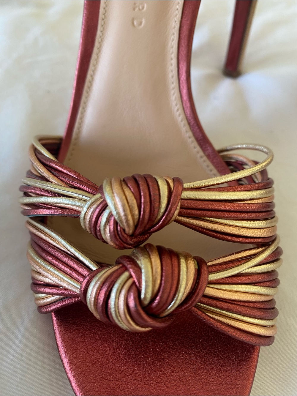 Veronica Beard Metallic Red & Gold Knotted Strap Heels - Picture 3 of 13